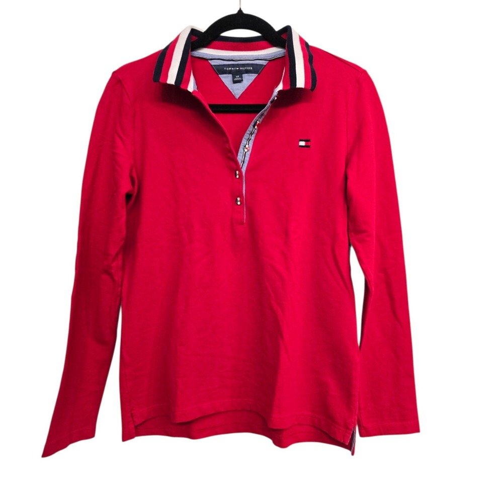 Tommy Hilfiger Red Long Sleeve‎ Polo Top Women Small Preppy Nautical Coastal y2k